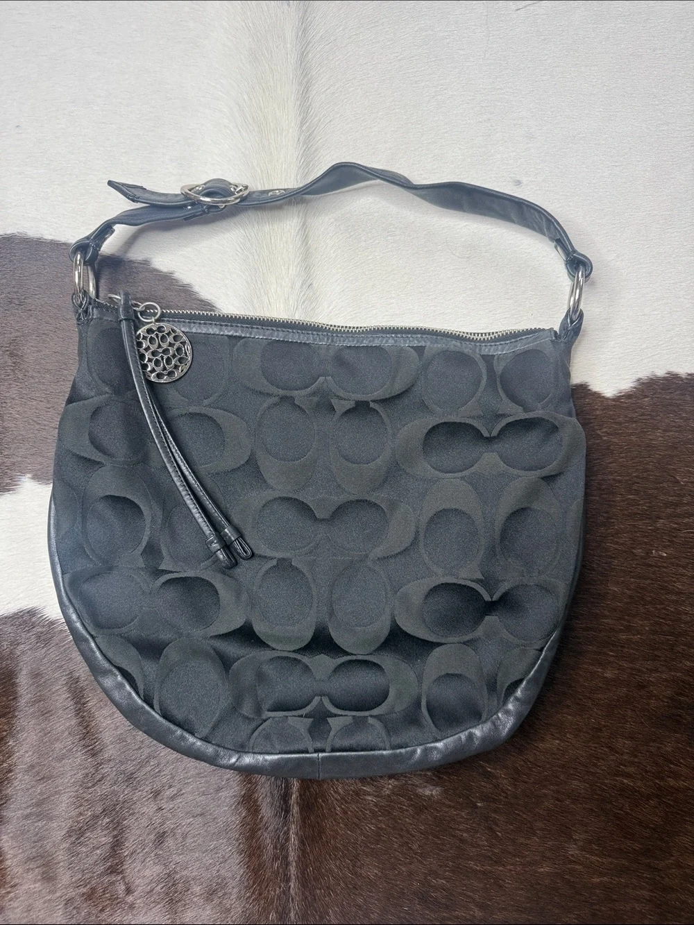 Coach Black Signature Jacquard Hobo with Tassel and Round Charm